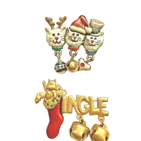 Unbranded Jewelry - Vintage Cat Lovers Christmas Brooch Pin Silver & Gold Toned Set of Two